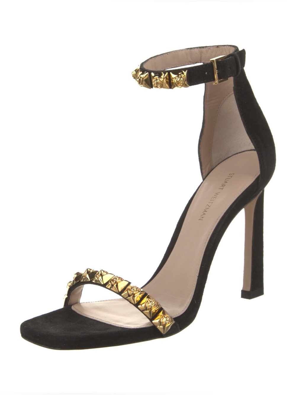 $550~STUART WEITZMAN~ROSIST 100 Gold Metal Rose Embellished Heeled Sandal~9.5/10
